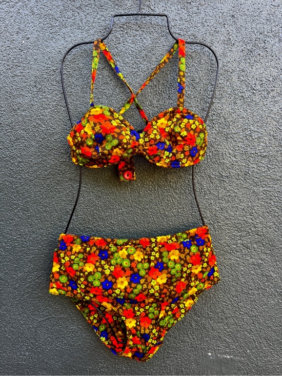 Vintage Other - 70s Vintage Bright Floral Bark Cloth Bikini Sz M